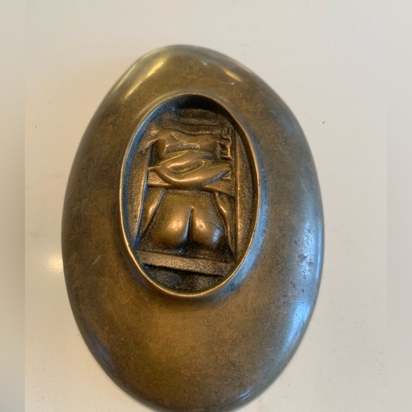 Vintage brass dish woman on ladder, reverse is her derrière. Playful/ris… - Picture 2 of 2